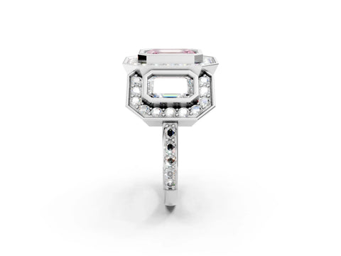 White gold Three-Stone Fancy Pink Emerald Cut Halo Pavé Diamond Ring_2
