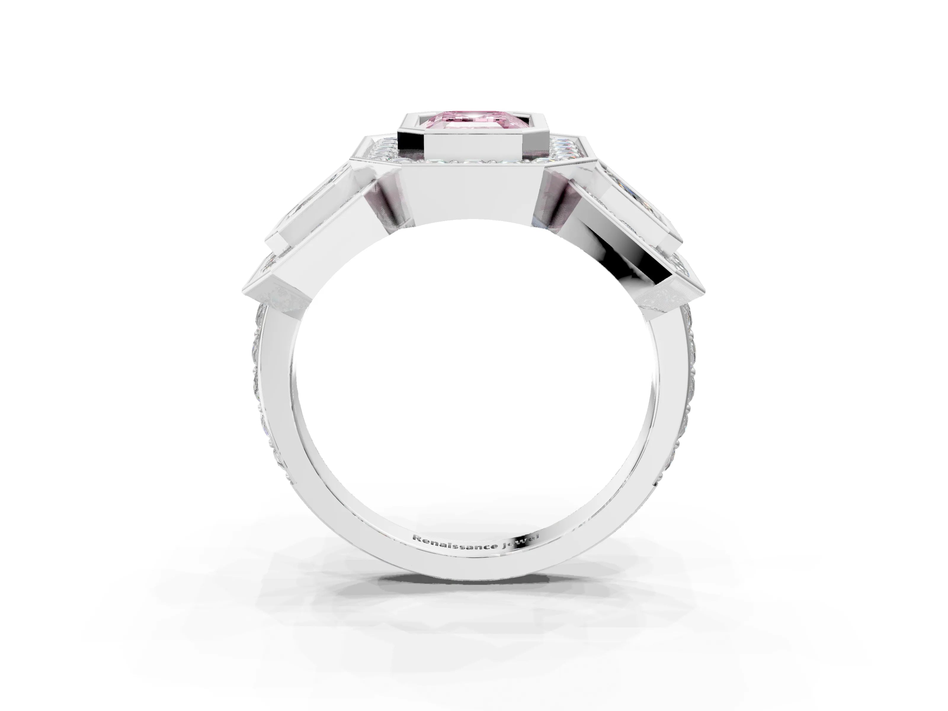 White gold Three-Stone Fancy Pink Emerald Cut Halo Pavé Diamond Ring_3