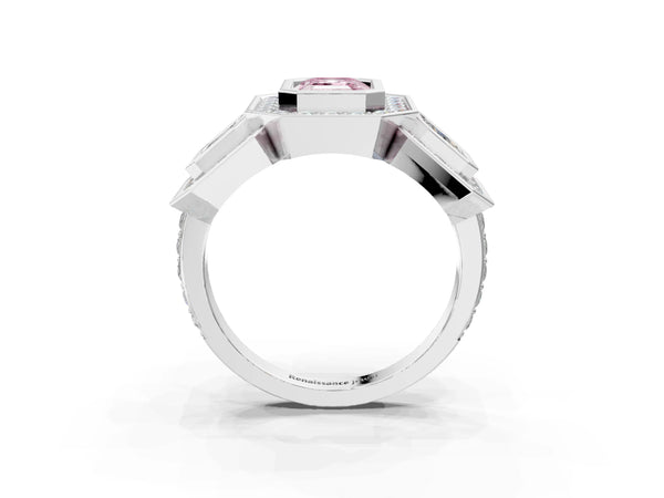 Platinum Three-Stone Fancy Pink Emerald Cut Halo Pavé Diamond Ring