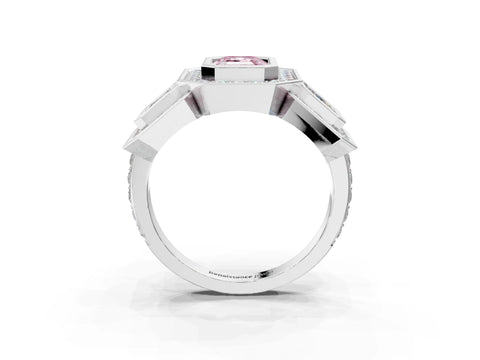 White gold Three-Stone Fancy Pink Emerald Cut Halo Pavé Diamond Ring_3