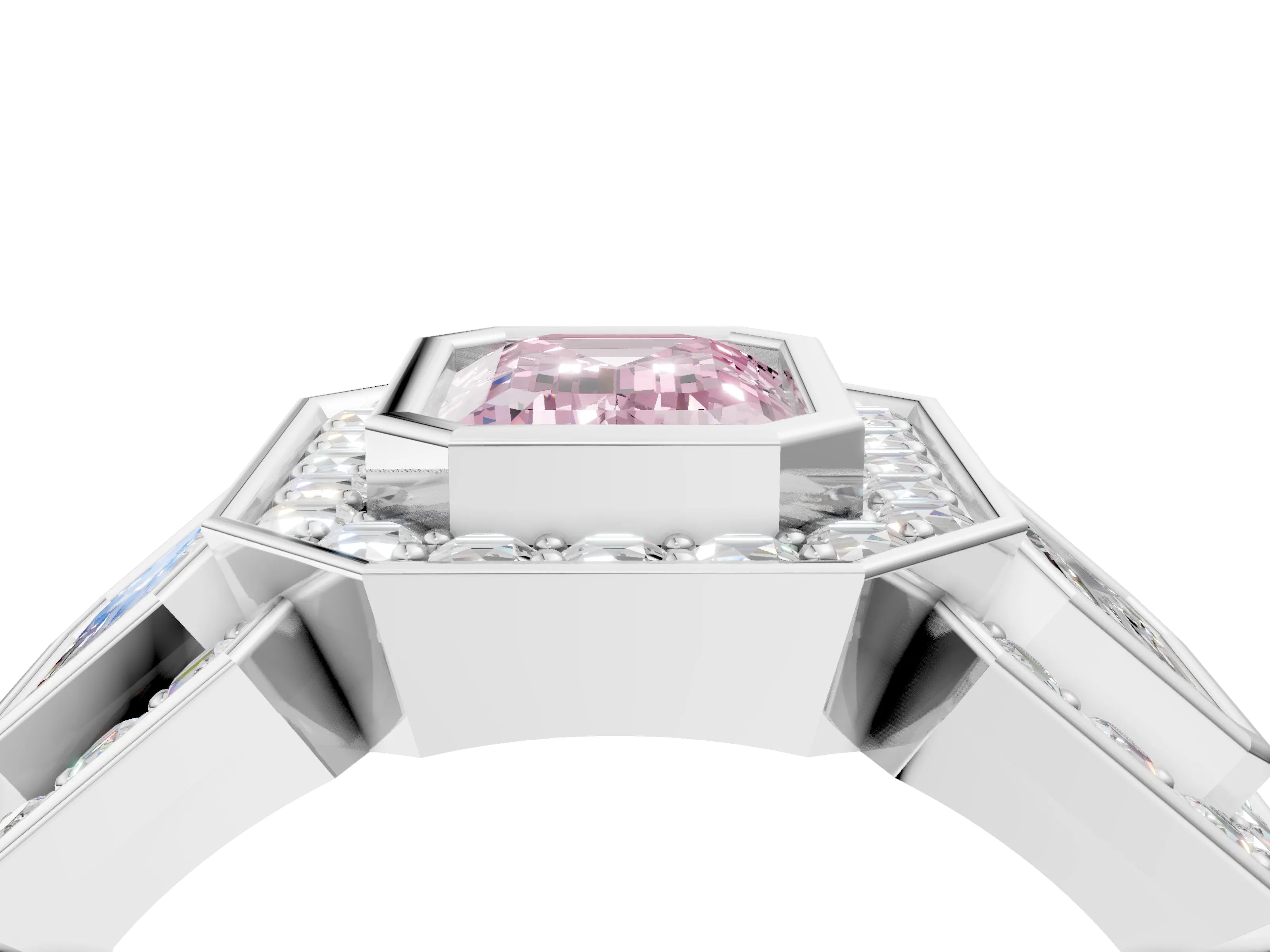 White gold Three-Stone Fancy Pink Emerald Cut Halo Pavé Diamond Ring_4