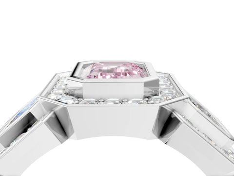 White gold Three-Stone Fancy Pink Emerald Cut Halo Pavé Diamond Ring_4