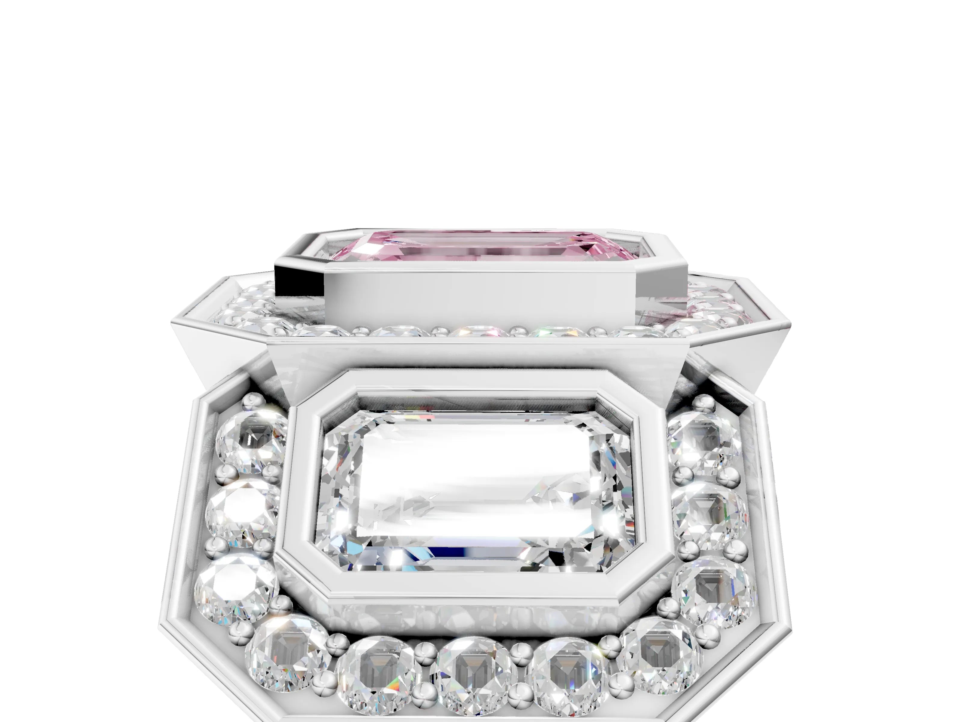 White gold Three-Stone Fancy Pink Emerald Cut Halo Pavé Diamond Ring_5