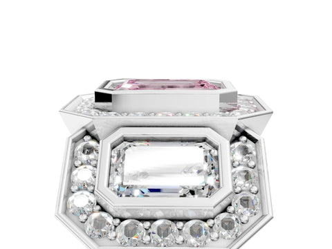 White gold Three-Stone Fancy Pink Emerald Cut Halo Pavé Diamond Ring_5