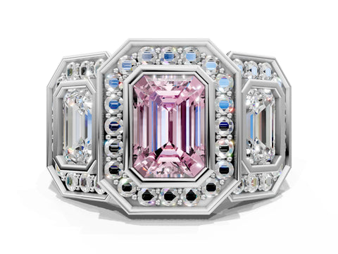 White gold Three-Stone Fancy Pink Emerald Cut Halo Pavé Diamond Ring