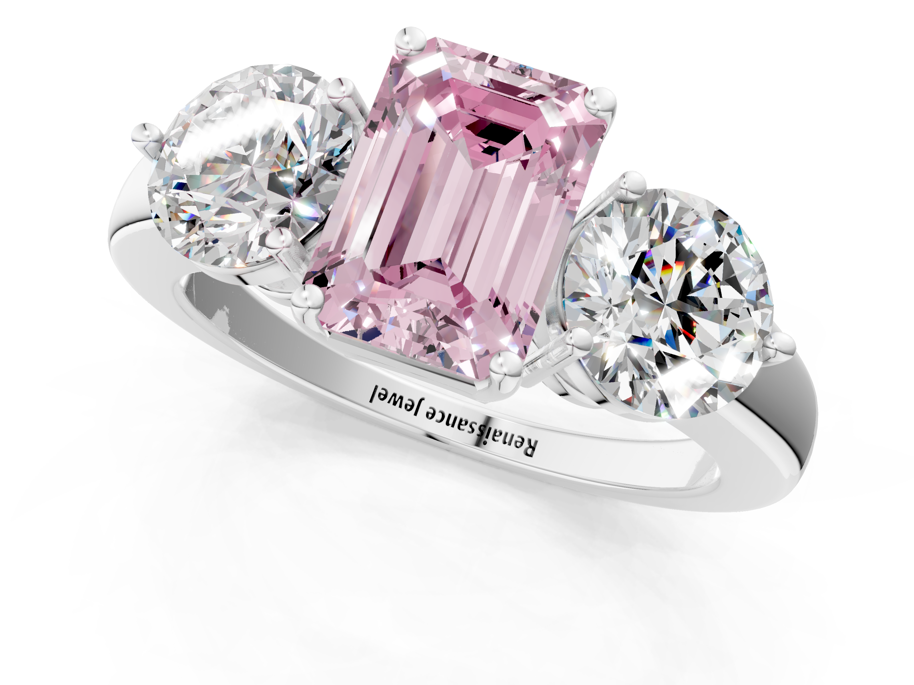 White gold Three-Stone Fancy Pink Emerald  Cut Solitaire Ring with Prong Setting on a Classic Band_61