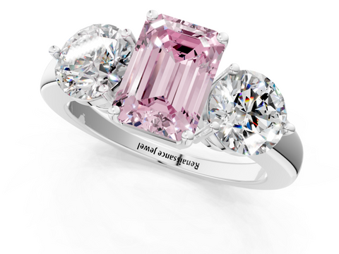 White gold Three-Stone Fancy Pink Emerald  Cut Solitaire Ring with Prong Setting on a Classic Band_61