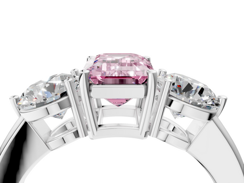 White gold Three-Stone Fancy Pink Emerald  Cut Solitaire Ring with Prong Setting on a Classic Band_64