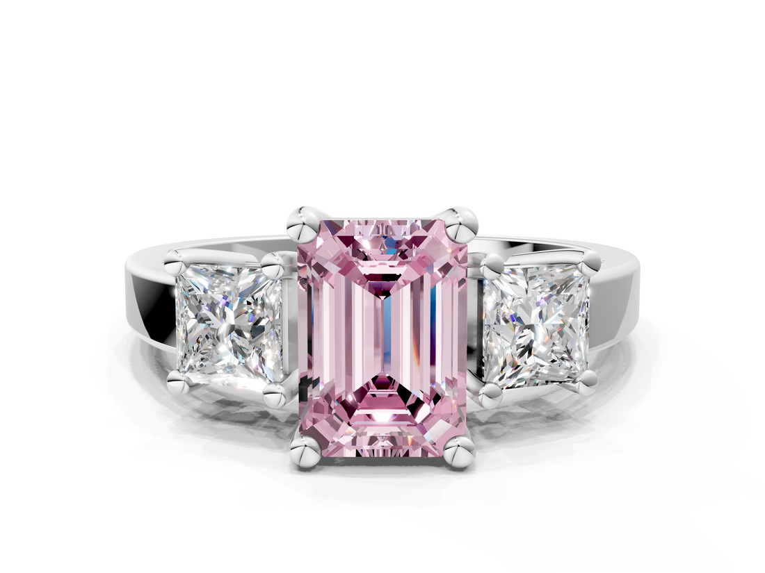 White gold Three-Stone Fancy Pink Emerald  Cut Solitaire Ring with Prong Setting_3