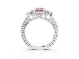 White gold Three-Stone Fancy Pink Emerald  Diamond Milgrain Pave Band with Prong Setting 3