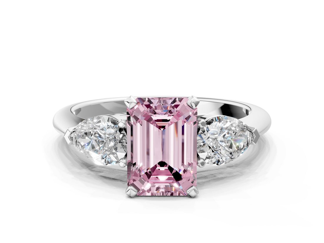 White gold Three-Stone Fancy Pink Emerald  Diamond Ring with Pear Side Stones in Four-Prong Setting_61