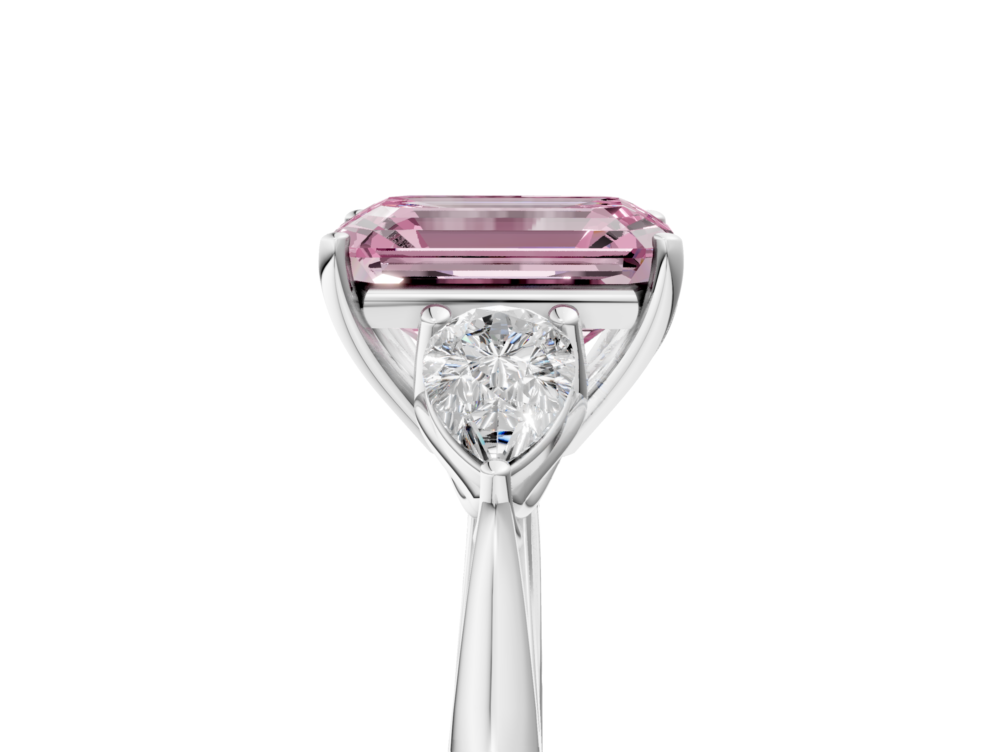 White gold Three-Stone Fancy Pink Emerald  Diamond Solitaire Ring with Pear Side Stones and Four-Prong Setting_36