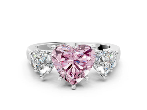 White gold Three-Stone Fancy Pink Heart Cut Brilliant Diamond Trellis Ring with Comfort Fit Band