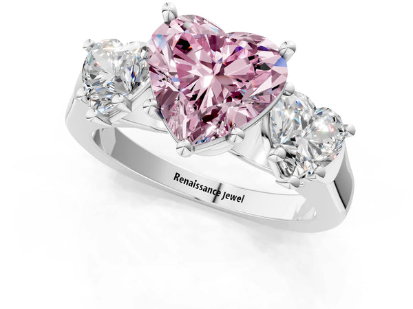 White gold Three-Stone Fancy Pink Heart Cut Brilliant Diamond Trellis Ring with Comfort Fit Band