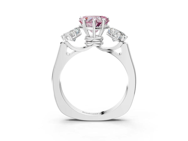 White gold Three-Stone Fancy Pink Heart Cut Brilliant Diamond Trellis Ring with Comfort Fit Band