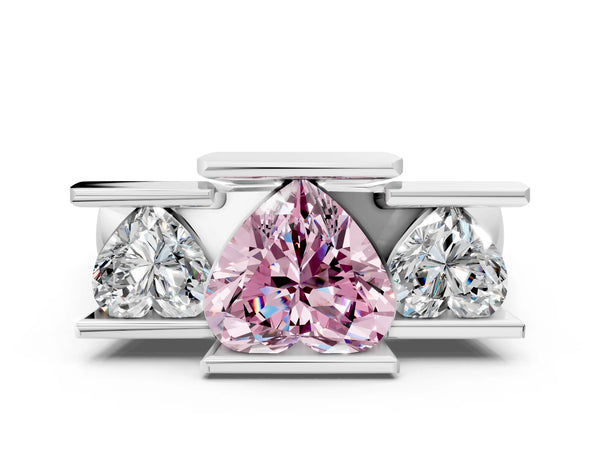 White Gold Heart-Shaped Channel Set Three Stone Engagement Ring Setting for Fancy Pink Center