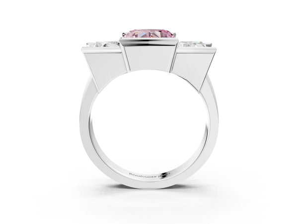 Sterling Silver Heart-Shaped Channel Set Three Stone Engagement Ring Setting for Fancy Pink Center