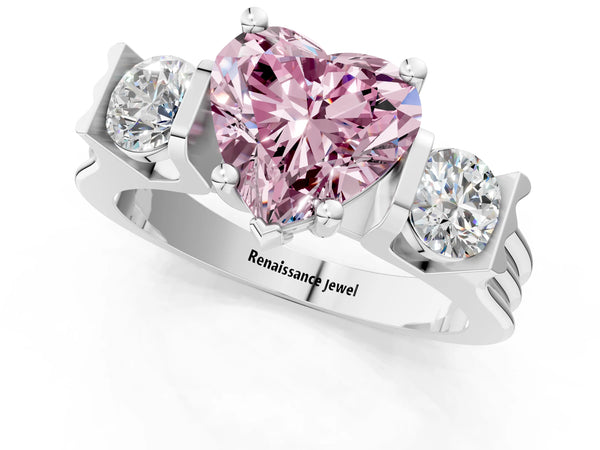 White gold Three-Stone Fancy Pink Heart Cut Classic Band Prong Setting Ring