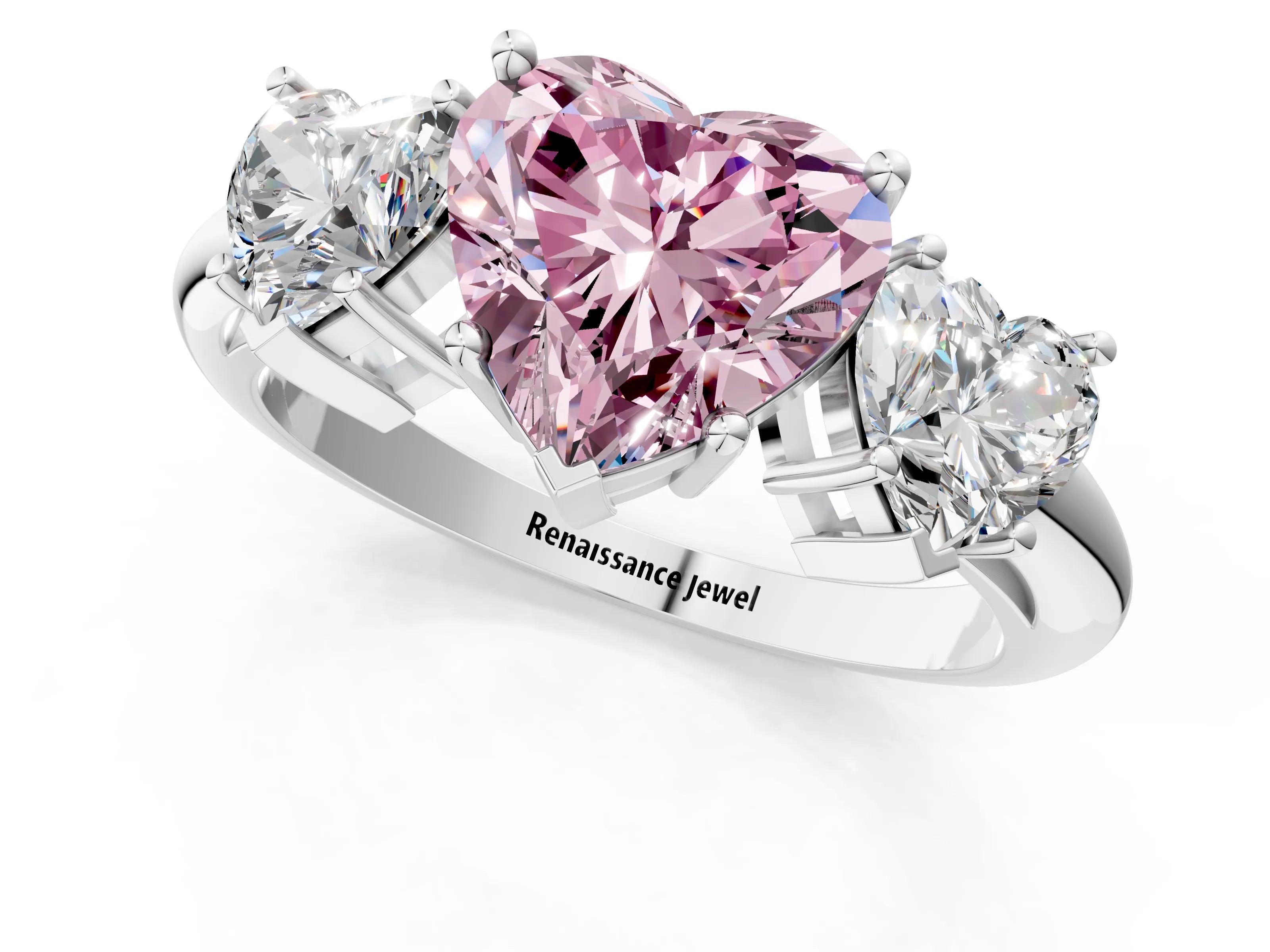 White gold Three-Stone Fancy Pink Heart Cut Cut Diamond Engagement Ring with Prong Setting on a White Gold Band_13