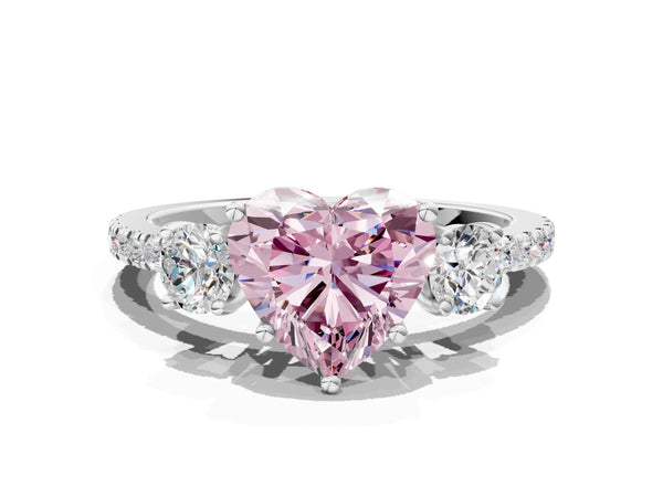 Platinum Three-Stone Fancy Pink Heart Cut Cut Diamond Pavé Band with Prong Setting
