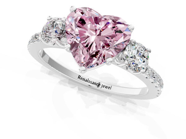 Platinum Three-Stone Fancy Pink Heart Cut Cut Diamond Pavé Band with Prong Setting