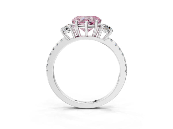Platinum Three-Stone Fancy Pink Heart Cut Cut Diamond Pavé Band with Prong Setting