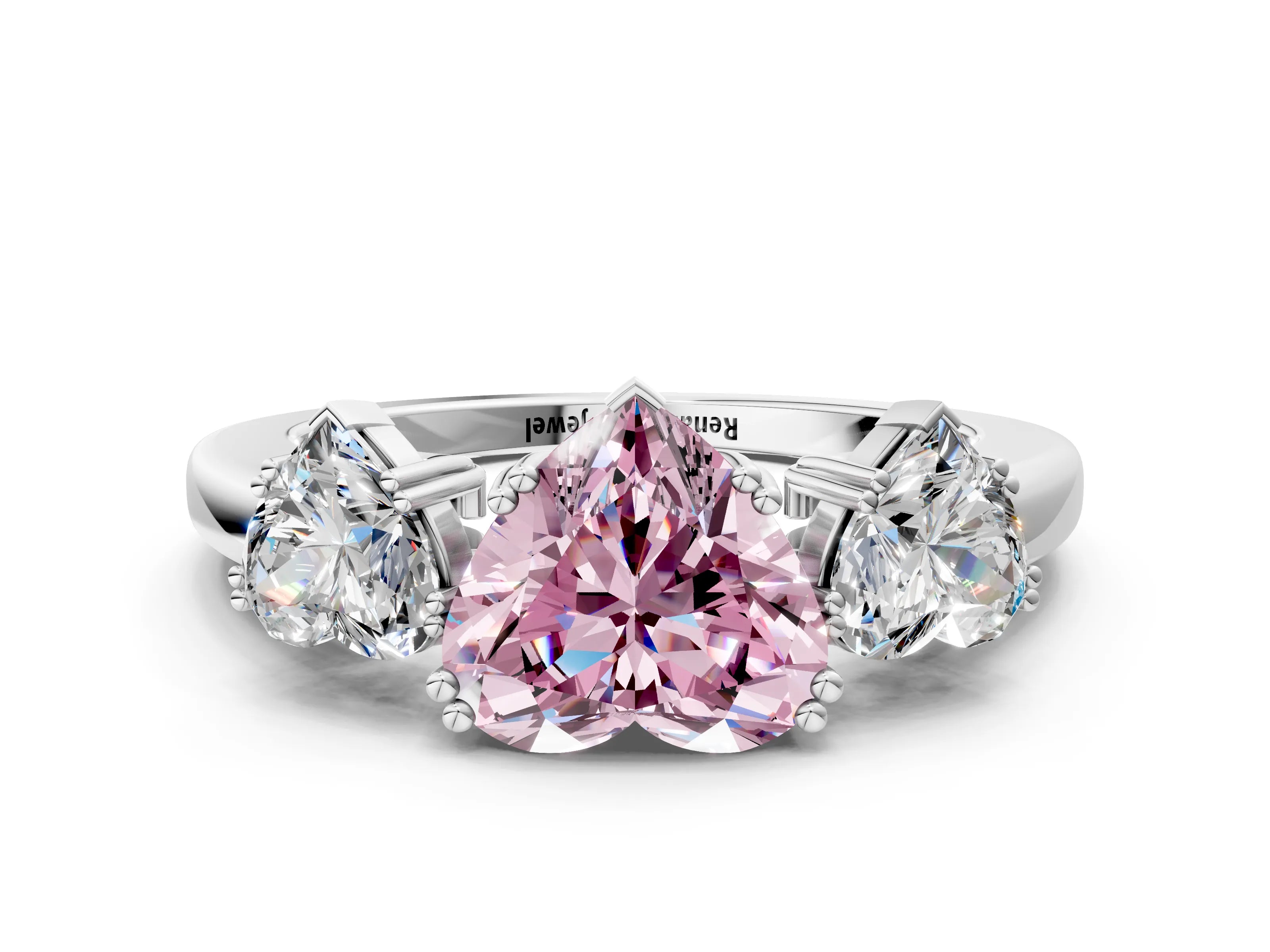 White gold Three-Stone Fancy Pink Heart Cut Cut Diamond Ring with Channel Set Band and Four-Prong Setting