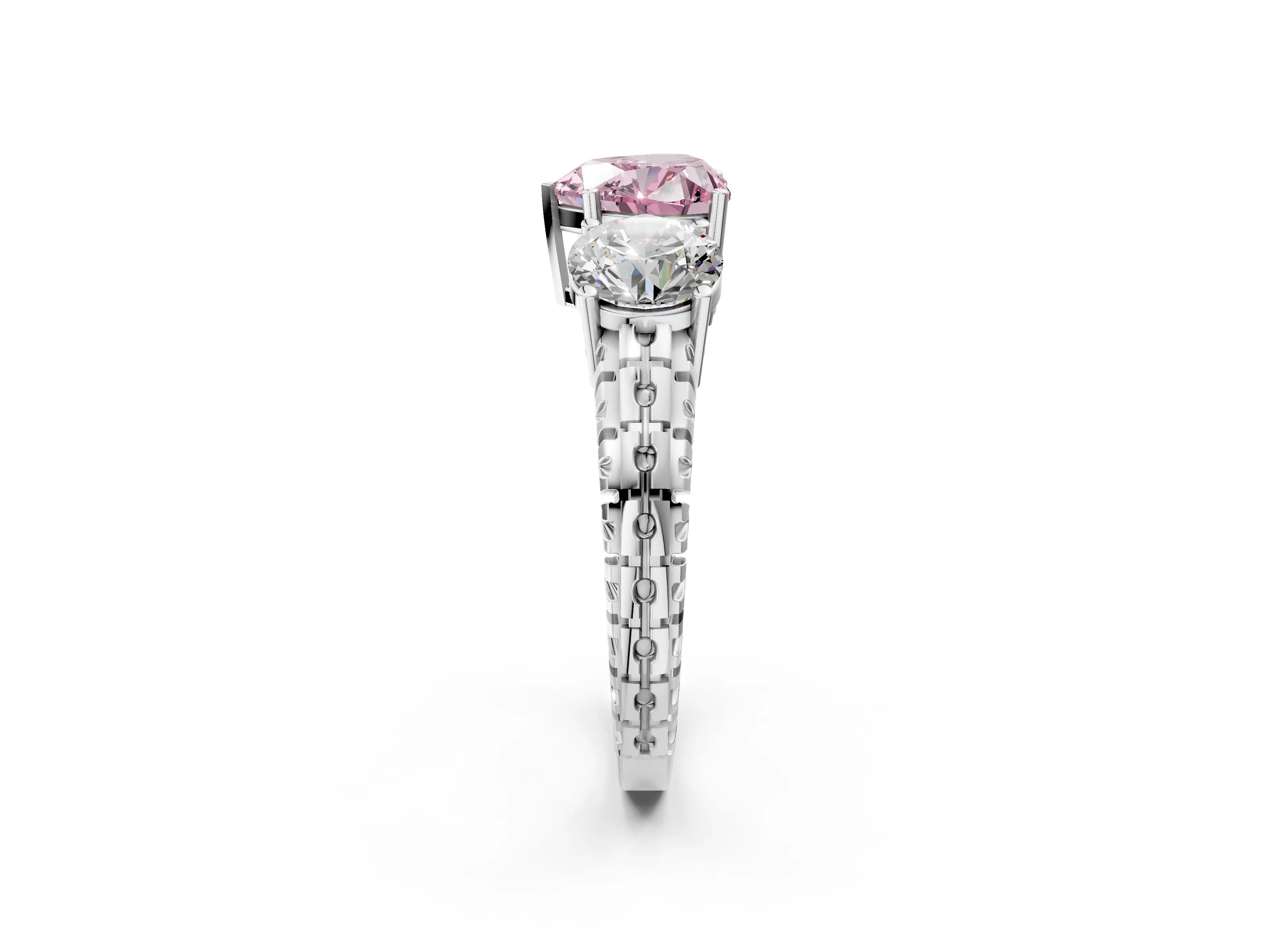 White gold Three-Stone Fancy Pink Heart Cut Cut Diamond Ring with Channel-Set Band and Prong Setting_2