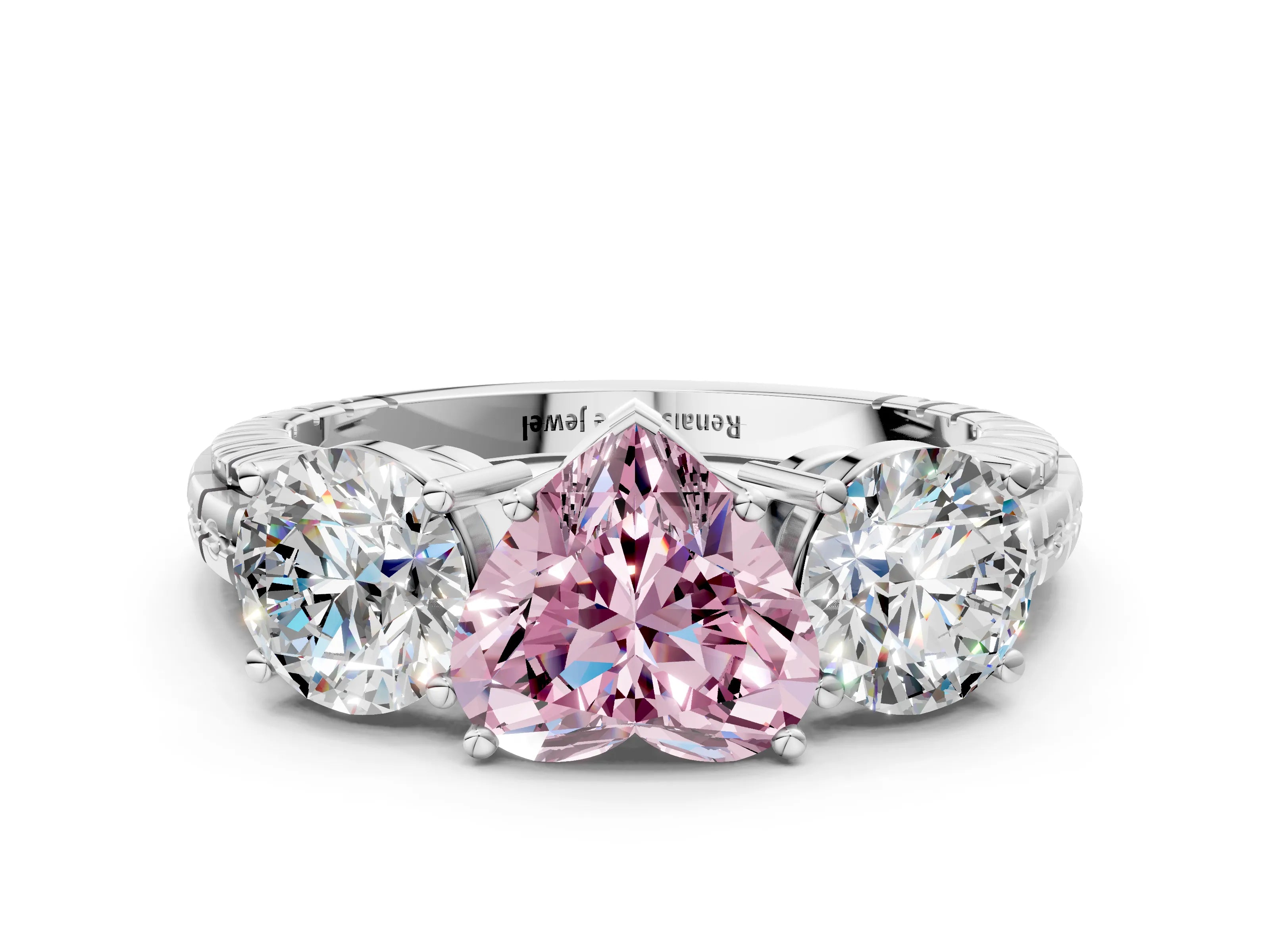 White gold Three-Stone Fancy Pink Heart Cut Cut Diamond Ring with Channel-Set Band and Prong Setting