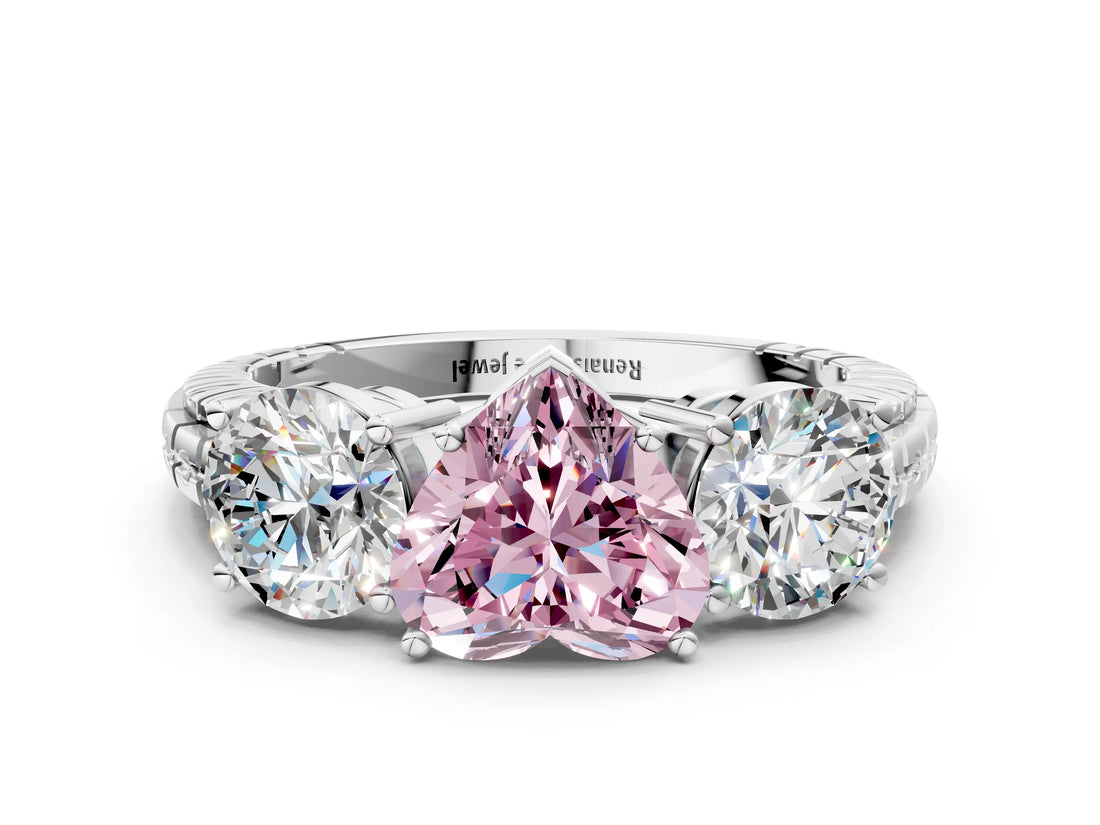White gold Three-Stone Fancy Pink Heart Cut Cut Diamond Ring with Channel-Set Band and Prong Setting