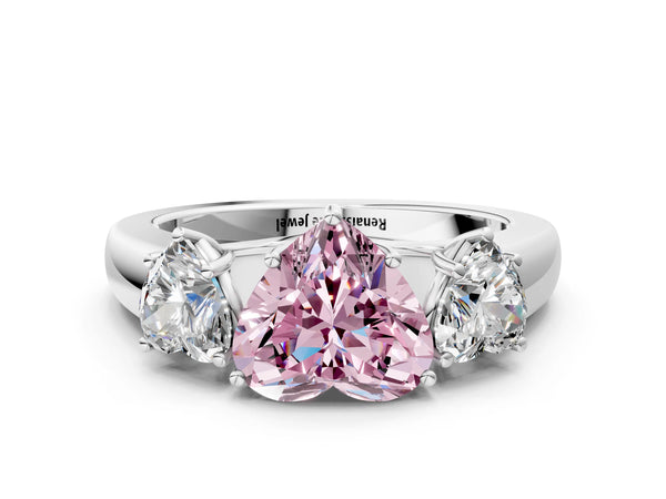 Platinum Three-Stone Fancy Pink Heart Cut Cut Diamond Ring with Prong Setting and Classic Band