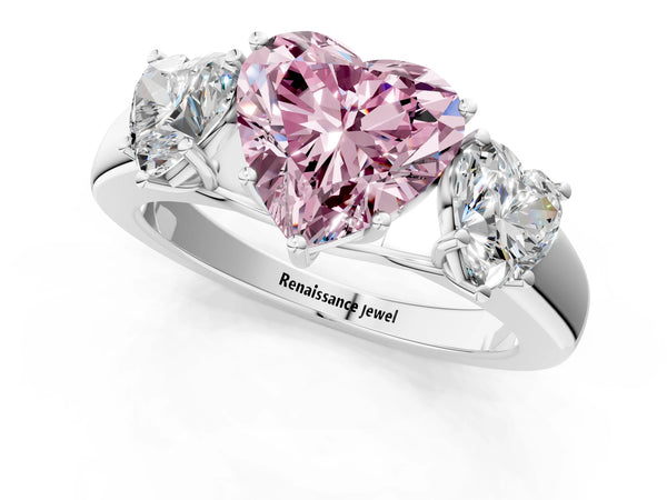 Platinum Three-Stone Fancy Pink Heart Cut Cut Diamond Ring with Prong Setting and Classic Band