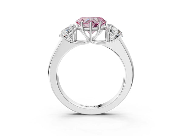 Platinum Three-Stone Fancy Pink Heart Cut Cut Diamond Ring with Prong Setting and Classic Band