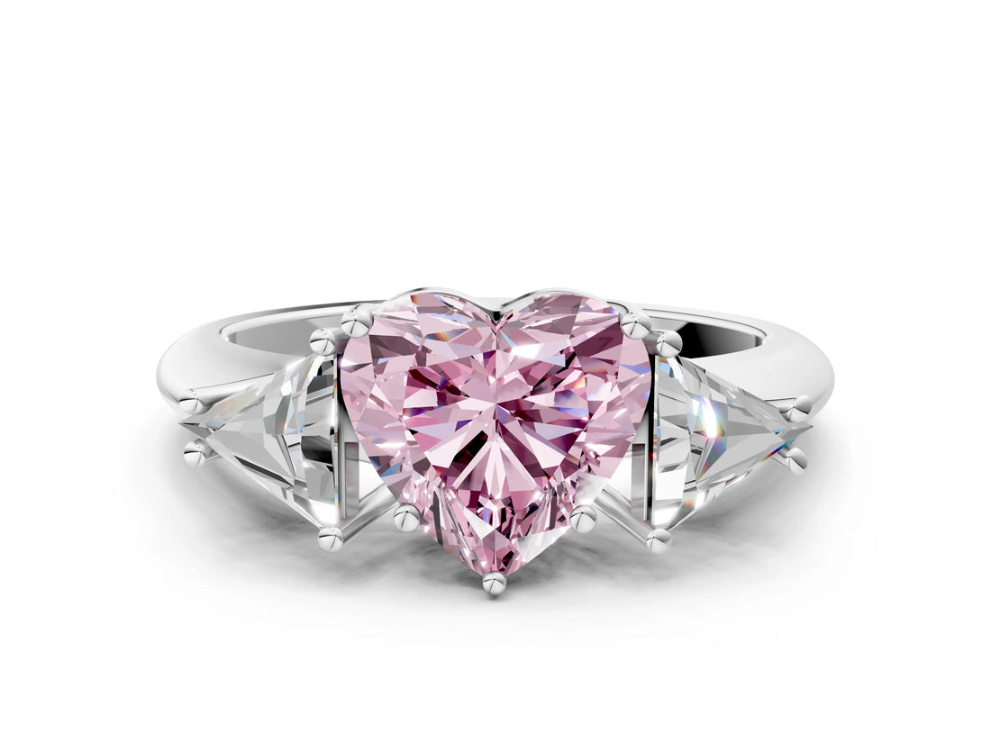 White gold Three-Stone Fancy Pink Heart Cut Cut Diamond Ring with Trillion Side Stones and Four-Prong Setting_11