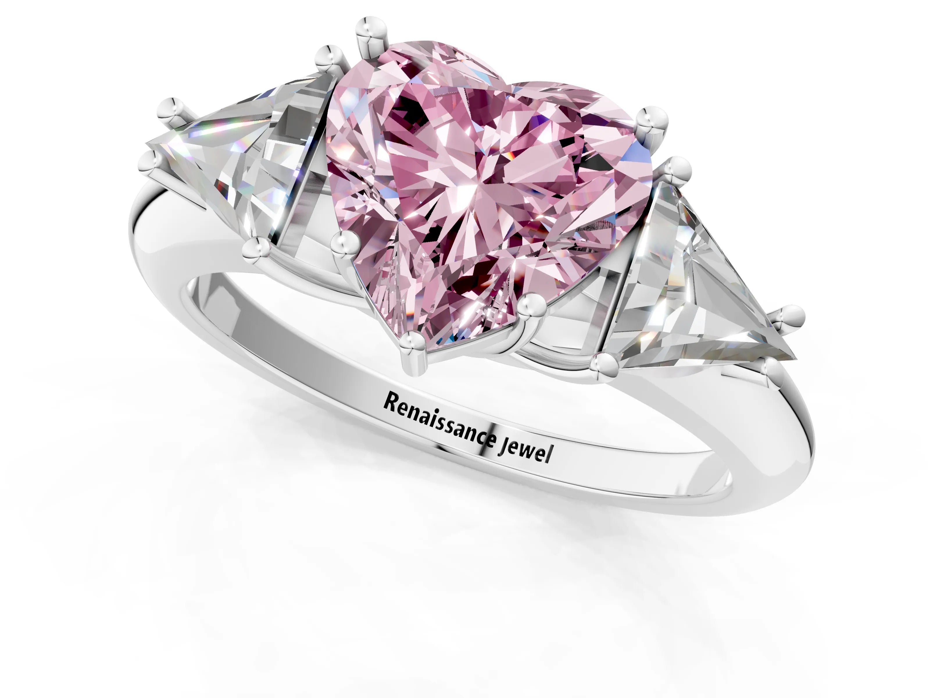 White gold Three-Stone Fancy Pink Heart Cut Cut Diamond Ring with Trillion Side Stones and Four-Prong Setting_12