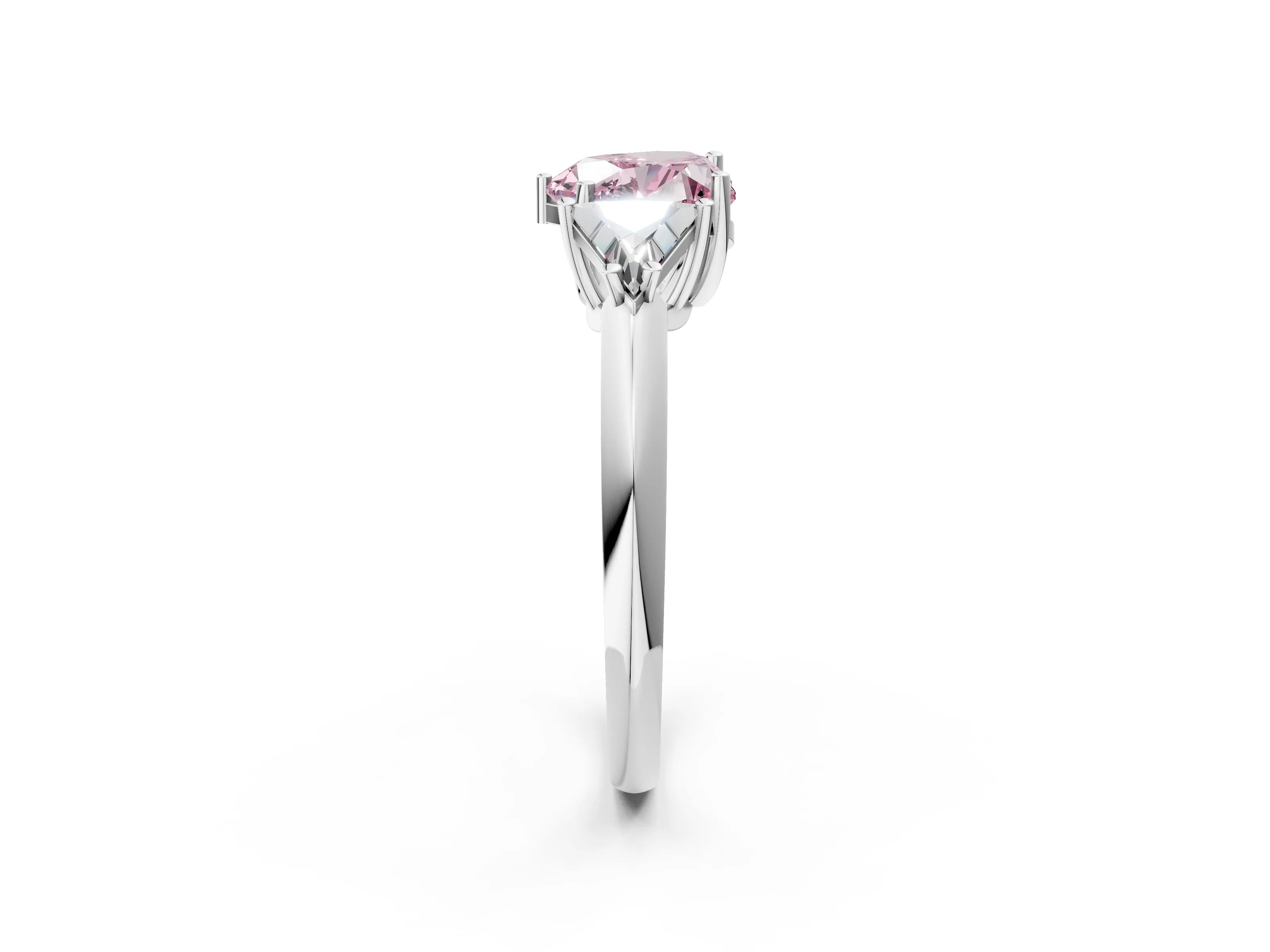 White gold Three-Stone Fancy Pink Heart Cut Cut Diamond Ring with Trillion Side Stones and Four-Prong Setting_13