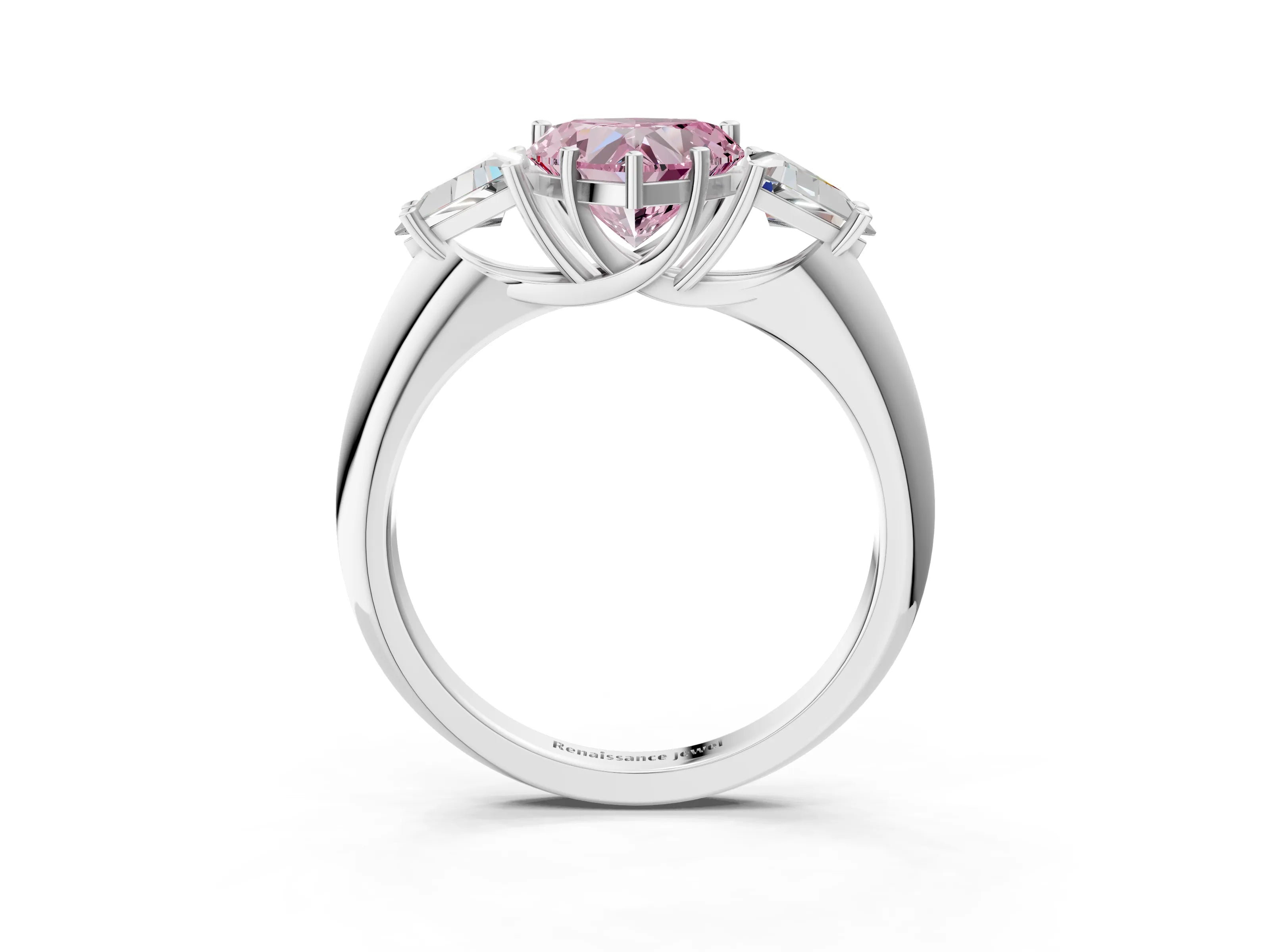 White gold Three-Stone Fancy Pink Heart Cut Cut Diamond Ring with Trillion Side Stones and Four-Prong Setting_14