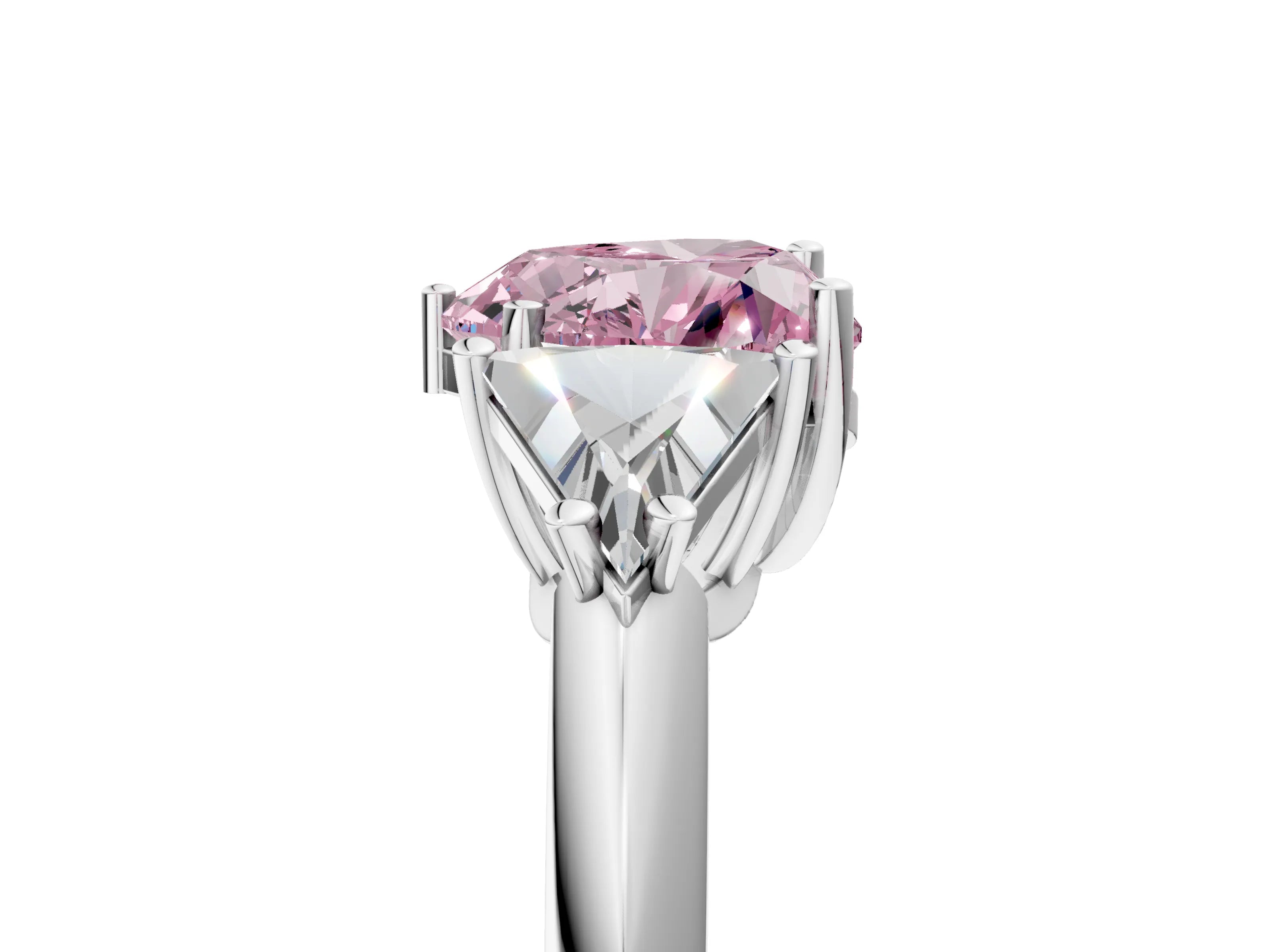 White gold Three-Stone Fancy Pink Heart Cut Cut Diamond Ring with Trillion Side Stones and Four-Prong Setting_16