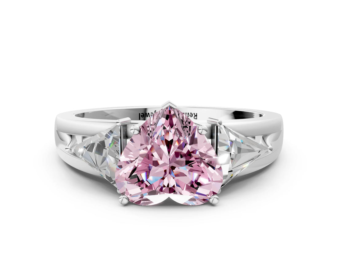 White gold Three-Stone Fancy Pink Heart Cut Cut Diamond Ring with Trillion Side Stones on a Split Shank Band_18