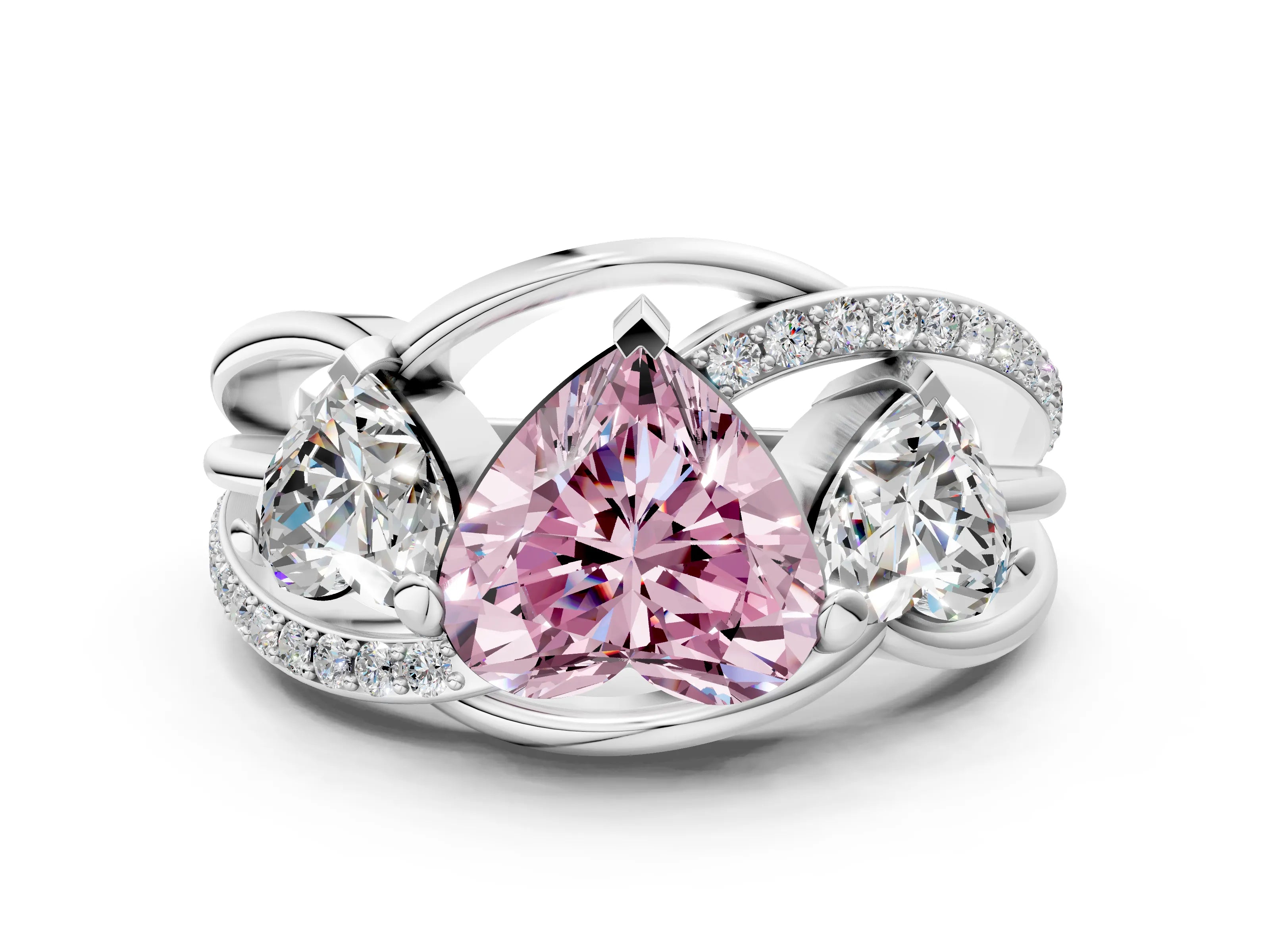 White gold Three-Stone Fancy Pink Heart Cut Cut Diamond Split Shank Prong Set Ring