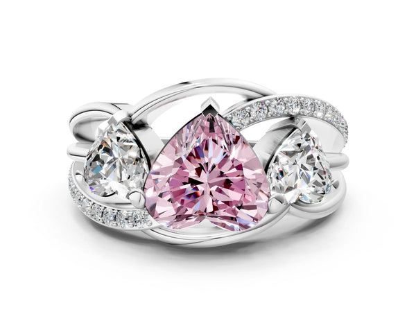 Platinum Three-Stone Fancy Pink Heart Cut Cut Diamond Split Shank Prong Set Ring