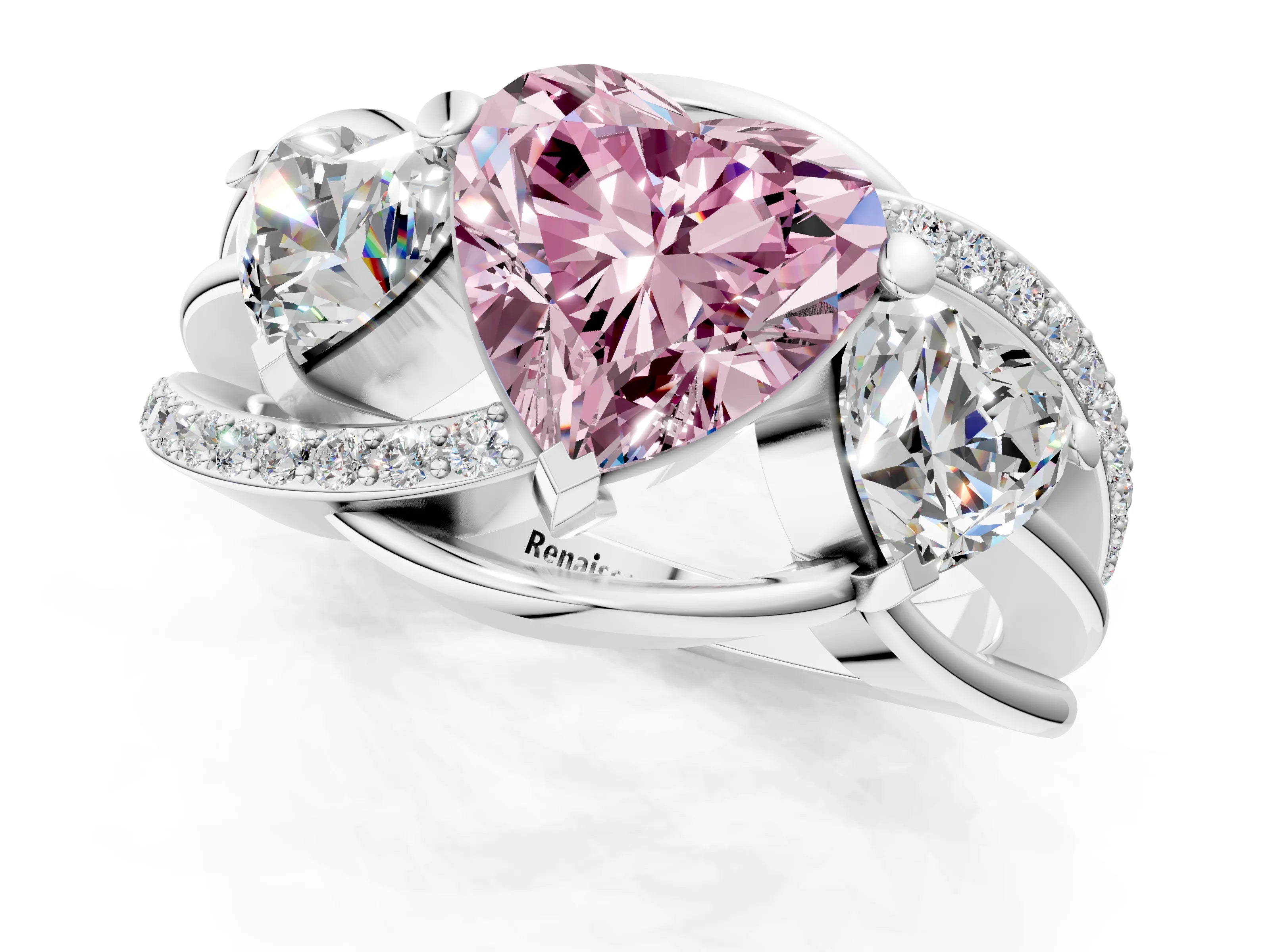 White gold Three-Stone Fancy Pink Heart Cut Cut Diamond Split Shank Prong Set Ring_13