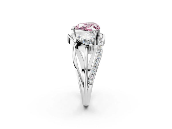 Platinum Three-Stone Fancy Pink Heart Cut Cut Diamond Split Shank Prong Set Ring