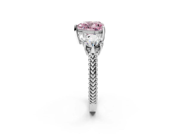 White Gold Heart-Shaped Vintage Three Stone Engagement Ring Setting for Fancy Pink Center