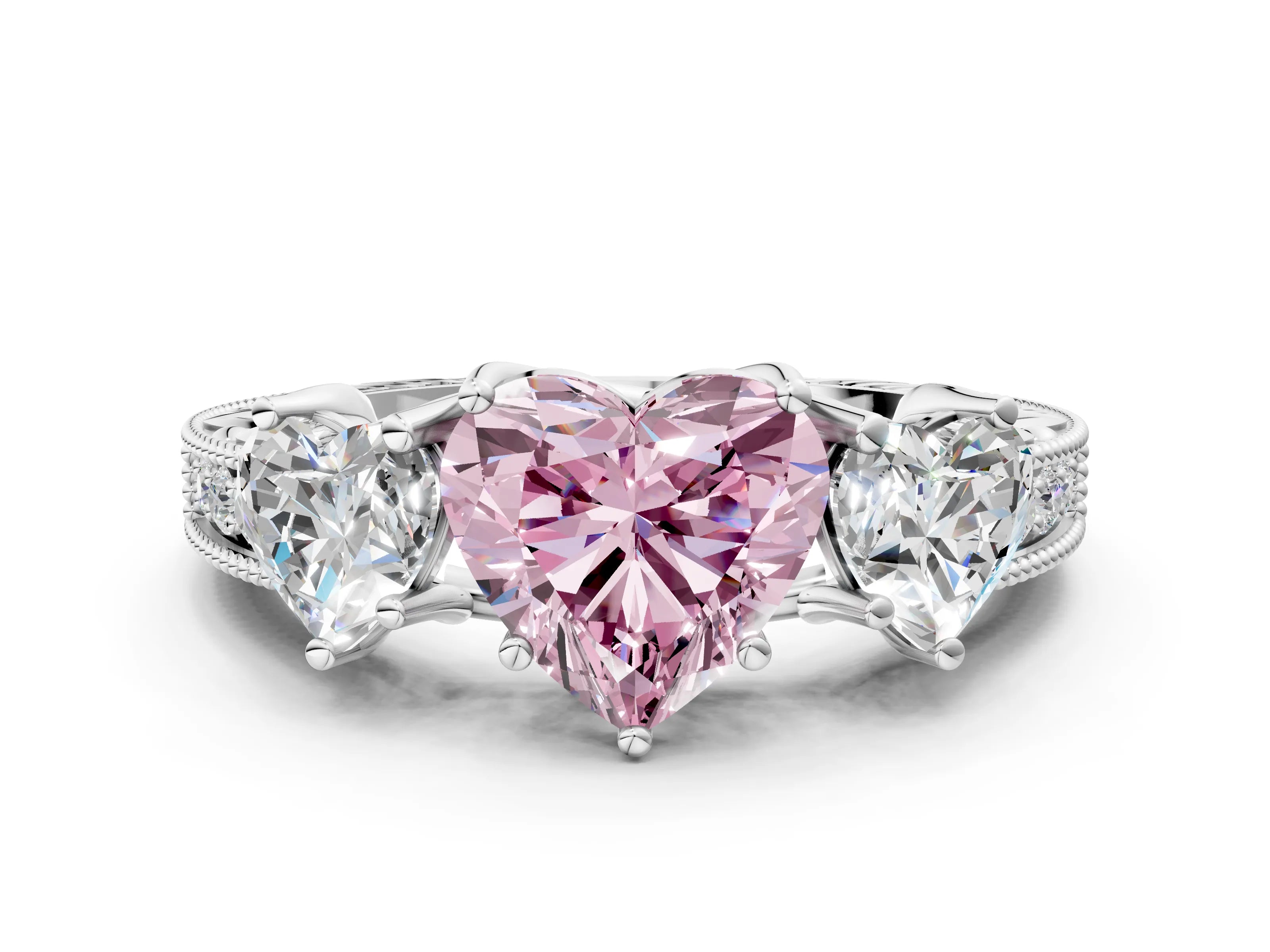 White gold Three-Stone Fancy Pink Heart Cut Cut Milgrain Pavé Engagement Ring_12
