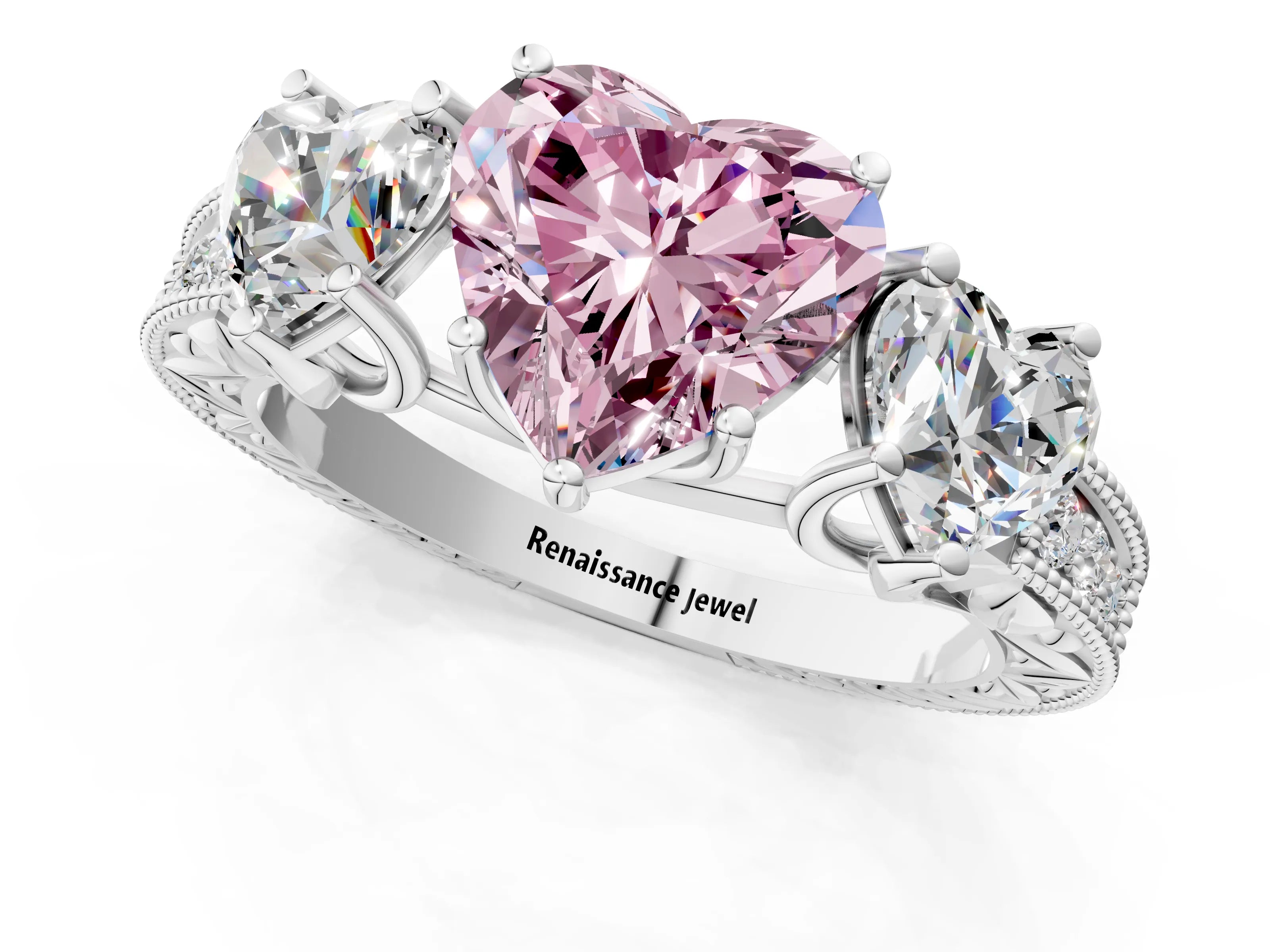 White gold Three-Stone Fancy Pink Heart Cut Cut Milgrain Pavé Engagement Ring_13