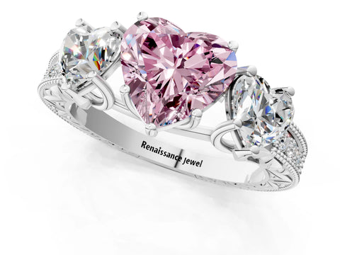 White gold Three-Stone Fancy Pink Heart Cut Cut Milgrain Pavé Engagement Ring_13
