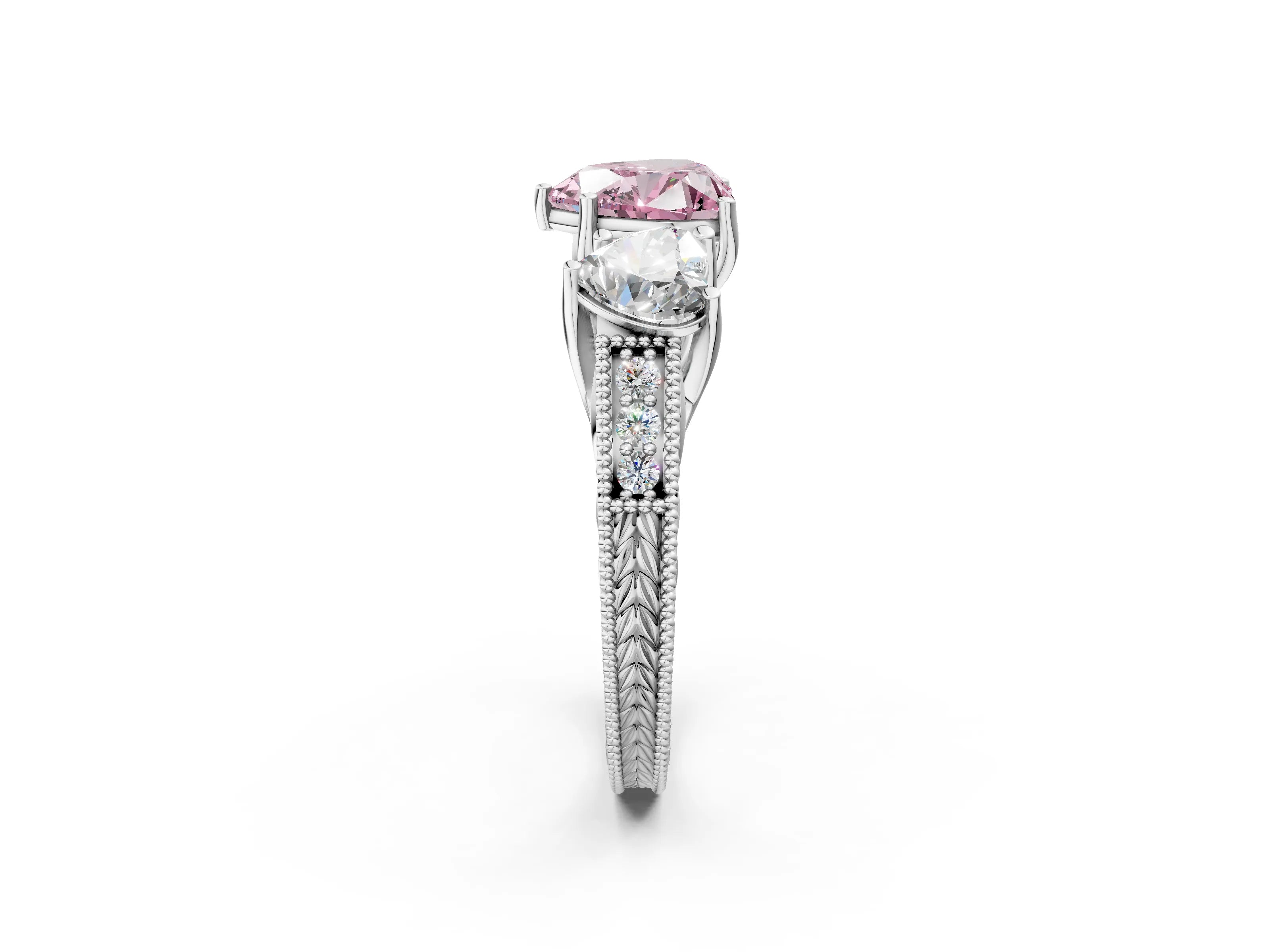 White gold Three-Stone Fancy Pink Heart Cut Cut Milgrain Pavé Engagement Ring_14