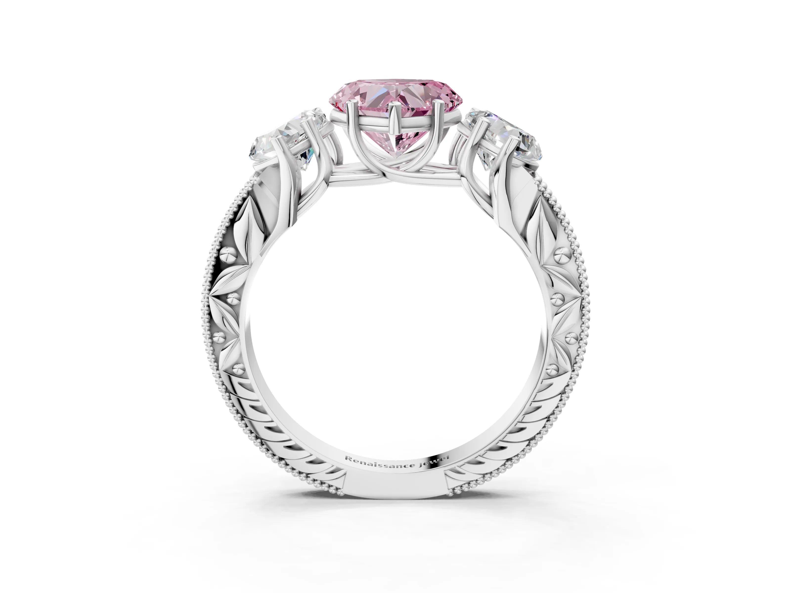 White gold Three-Stone Fancy Pink Heart Cut Cut Milgrain Pavé Engagement Ring_15