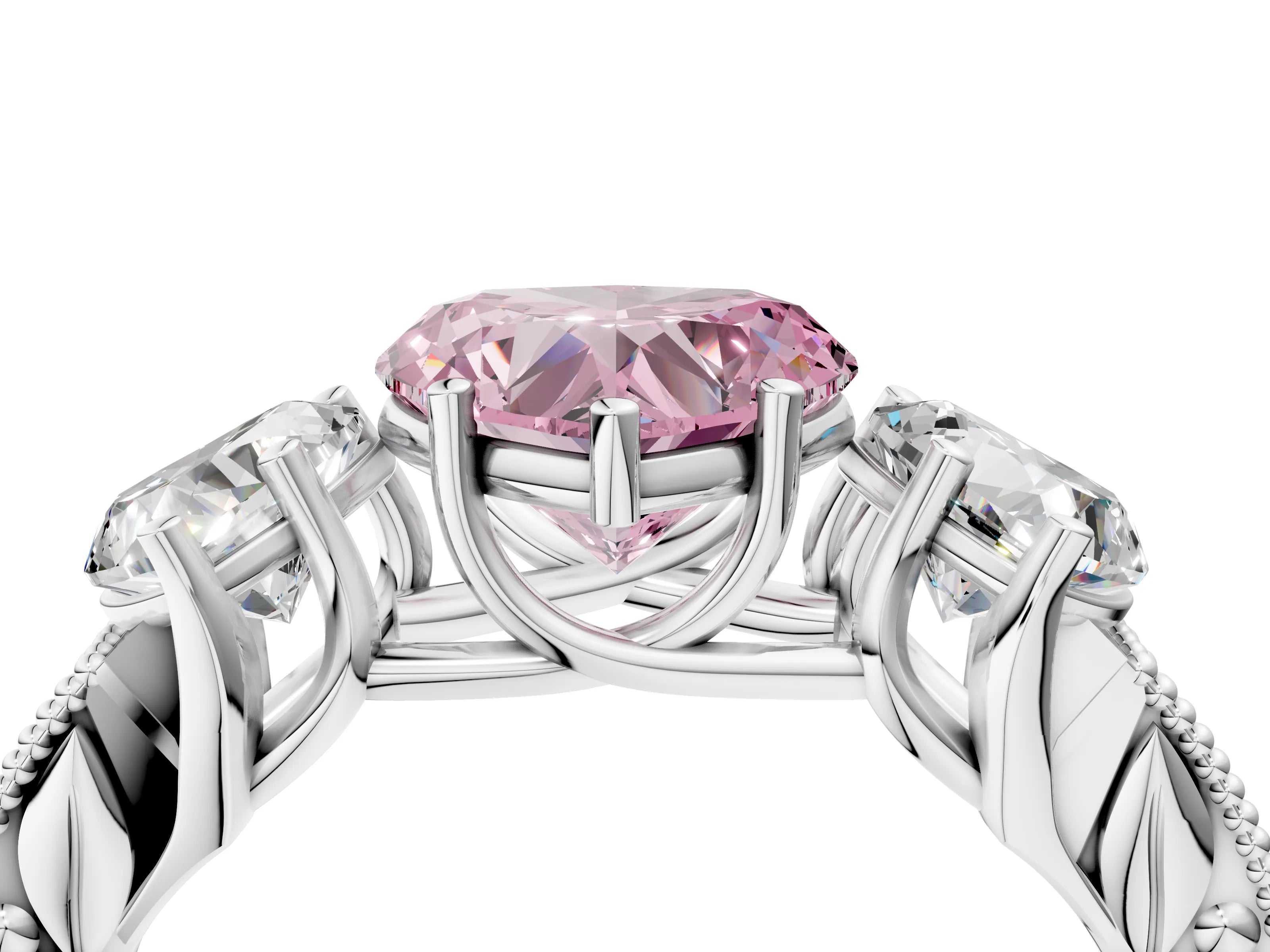 White gold Three-Stone Fancy Pink Heart Cut Cut Milgrain Pavé Engagement Ring_16